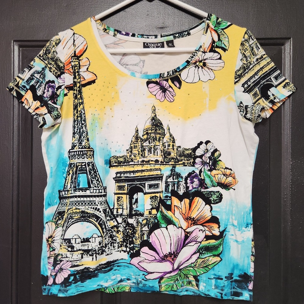 Women's Graphic Tee Medium Paris Eiffel Tower Floral Rhinestone Onque Casual Top